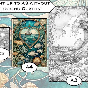 May include: A comparison of print sizes for digital art prints. The image shows three different sizes of the same art print: A3, A4, and A5. The A3 print is the largest and shows a detailed black and white drawing of a wave crashing on the ocean. The A4 print shows a colorful illustration of a heart-shaped frame with a ship sailing on the ocean. The A5 print shows a black and white version of the A4 print.