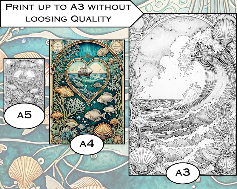 May include: A comparison of print sizes for digital art prints. The image shows three different sizes of the same art print: A3, A4, and A5. The A3 print is the largest and shows a detailed black and white drawing of a wave crashing on the ocean. The A4 print shows a colorful illustration of a heart-shaped frame with a ship sailing on the ocean. The A5 print shows a black and white version of the A4 print.