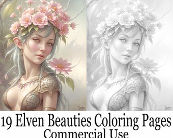 Elven Beauties Coloring Book: 19 Grayscale Pages (Commercial Use) (Digital Download)