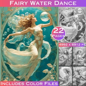 Underwater Fairy Grayscale Coloring Book: 22 Dancing Fairies (Commercial Use, Digital Download)