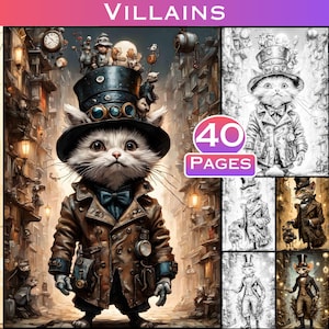 Steampunk Animal Villains Coloring Book: 40 Grayscale Pages (Commercial Use) (PDF)