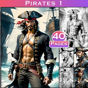 Puede incluir: Una ilustración digital de un capitán pirata con una chaqueta negra y dorada, un pañuelo rojo y un sombrero de tres picos negro. El pirata está de pie en una playa con un barco en el fondo. La imagen está etiquetada como "PIRATES 1" y "40 PAGES".