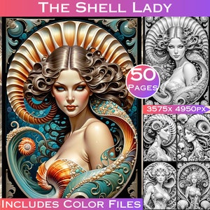 May include: A digital coloring book featuring a woman with long, flowing hair and a seashell crown. The image is in a detailed, intricate style with a blue, green, and orange color scheme. The text "THE SHELL LADY" is at the top of the image, and "INCLUDES COLOR FILES" is at the bottom. The image is 3575 x 4950 pixels and includes 50 pages.