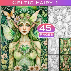 Op de afbeelding: Een kleurboek met een Keltische fee met groene vleugels en haar, omringd door bloemen en bladeren. De omslag heeft de tekst "CELTIC FAIRY 1" en "45 PAGES".