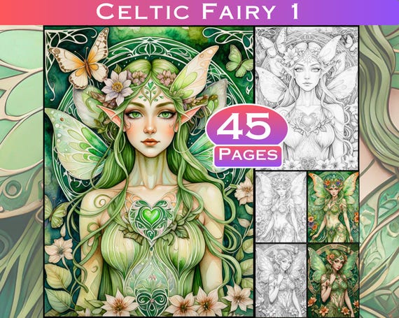 Celtic Fairy Grayscale Coloring Book: Relaxing Art Therapy (45 Pages) (PDF Pattern)