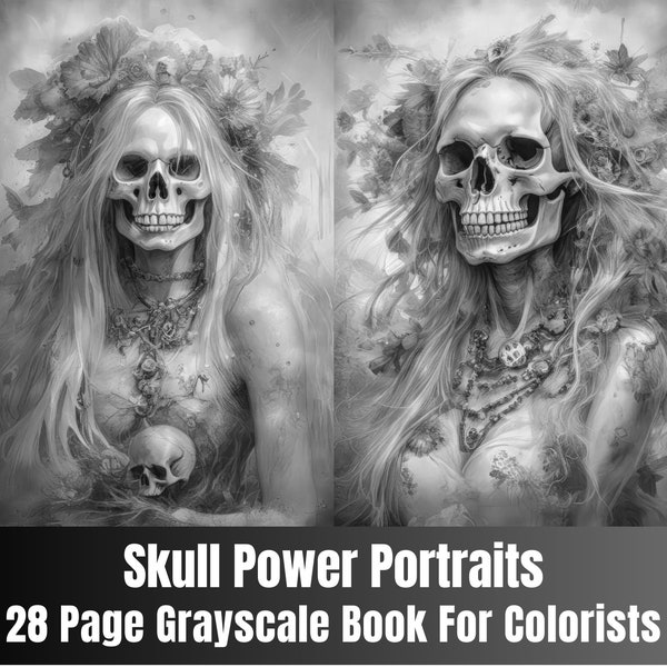 29 Skull Portrait Coloring Pages for adults, Instant Download, Grayscale Coloring Book, Printable File, commercial use on products