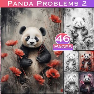 Pagine da colorare Panda 2 di 4 - Libro da colorare per adulti stampabile, illustrazioni in scala di grigi per rilassarsi e alleviare lo stress di Large Digital Prints