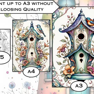 May include: A colorful birdhouse with intricate details, surrounded by flowers and two blue birds. The birdhouse is painted in shades of blue, green, and white, with gold accents. The text "PRINT UP TO A3 WITHOUT LOOSING QUALITY" is at the top of the image.