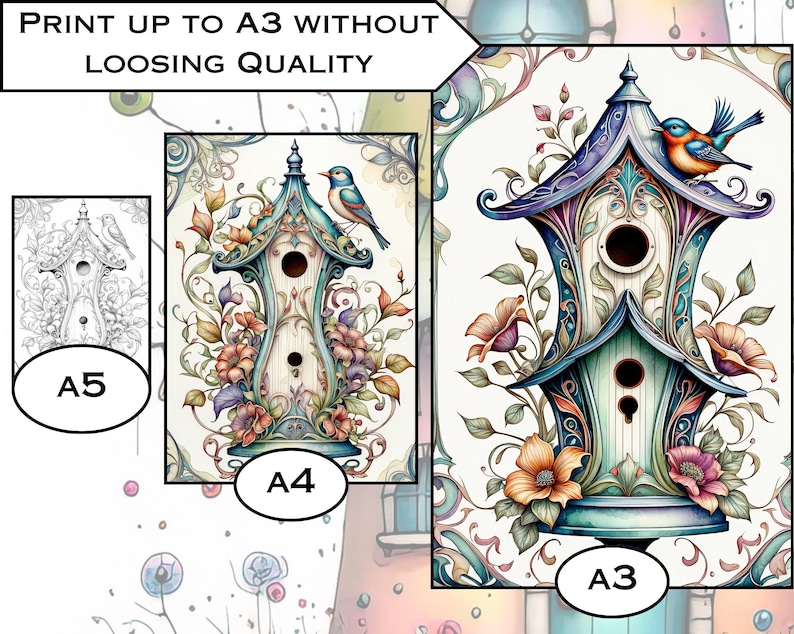 May include: A colorful birdhouse with intricate details, surrounded by flowers and two blue birds. The birdhouse is painted in shades of blue, green, and white, with gold accents. The text "PRINT UP TO A3 WITHOUT LOOSING QUALITY" is at the top of the image.