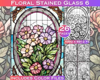 Floral Stained Glass Coloring Pages: 26 Grayscale Designs (Printable PDF)