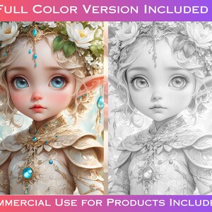 Peut inclure: Une page de coloriage numérique représentant une jeune fille elfe aux longs cheveux blonds, vêtue d'une robe blanche et dorée aux détails complexes. L'image est divisée en deux sections, l'une en couleur et l'autre en noir et blanc.