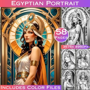 58 Egyptian Portraits Art Nouveau Grayscale Coloring Book for Adult Relaxation Egyptian Coloring Pages. Instant Download, Commercial Use
