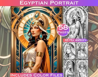 58 Egyptian Portraits Art Nouveau Grayscale Coloring Book for Adult Relaxation Egyptian Coloring Pages. Instant Download, Commercial Use