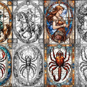 May include: A set of four stained glass panels depicting different zodiac signs. The panels are in a grid format, with the top row showing Sagittarius, the middle row showing Scorpio, and the bottom row showing a blank panel. Each panel is framed in a decorative border.