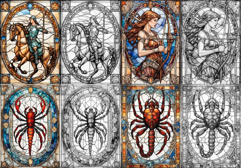 May include: A set of four stained glass panels depicting different zodiac signs. The panels are in a grid format, with the top row showing Sagittarius, the middle row showing Scorpio, and the bottom row showing a blank panel. Each panel is framed in a decorative border.