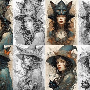 Grayscale Witches Coloring Pages: Art Nouveau Fantasy (Digital Download) image 6