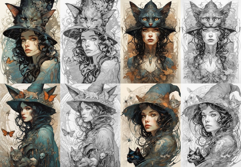 Grayscale Witches Coloring Pages: Art Nouveau Fantasy (Digital Download) image 6