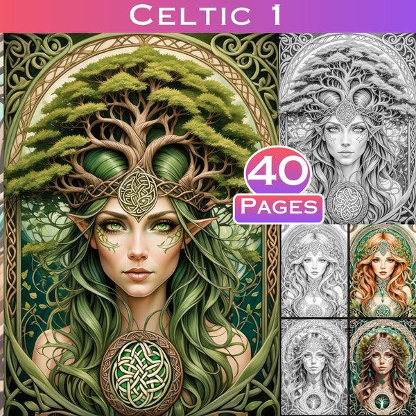 Celtic 1 40 Portrait Collection Art Nouveau Grayscale Coloring Book, Adults Instant Download Grayscale Coloring Pages Gift Alphonse Mucha