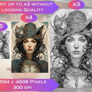 Grayscale Witches Coloring Pages: Art Nouveau Fantasy (Digital Download) image 2