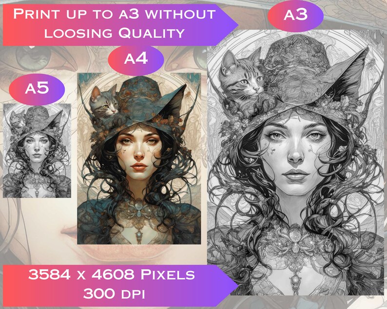 Grayscale Witches Coloring Pages: Art Nouveau Fantasy (Digital Download) image 2