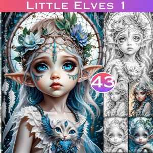 Peut inclure: Une illustration numérique d'une jeune elfe aux yeux bleus et aux longs cheveux bleus flottants. Elle porte une robe blanche avec un chat bleu et blanc sur la poitrine. L'arrière-plan est un capteur de rêves avec des fleurs bleues et des plumes. L'image est intitulée "Little Elves 1" et porte le numéro "43" dans un cercle rose.