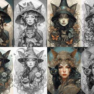 May include: A digital art collage of eight images featuring a woman with cat ears and a witch's hat. The woman is surrounded by cats and butterflies. The images are in various color palettes, including black and white, sepia tones, and full color.