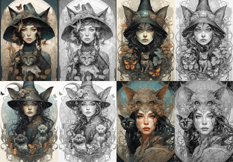 May include: A digital art collage of eight images featuring a woman with cat ears and a witch's hat. The woman is surrounded by cats and butterflies. The images are in various color palettes, including black and white, sepia tones, and full color.