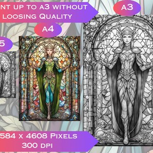 May include: A digital illustration of a woman in a stained glass window design. The woman is wearing a green and blue gown with a crown and is holding a staff. The image is 3584 x 4608 pixels and 300 DPI.  Print up to A3 without loosing quality.