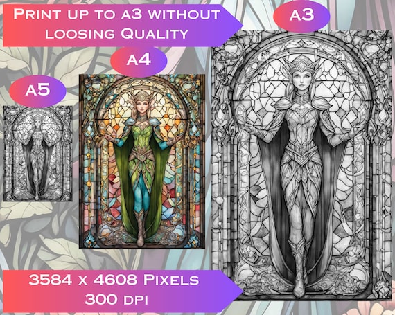 Stained Glass Elves Coloring Pages: Grayscale Art, Set 2 (Digital Download)
