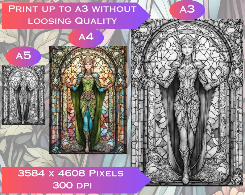 May include: A digital illustration of a woman in a stained glass window design. The woman is wearing a green and blue gown with a crown and is holding a staff. The image is 3584 x 4608 pixels and 300 DPI.  Print up to A3 without loosing quality.