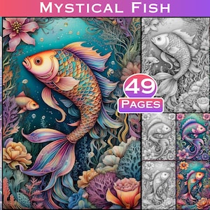 May include: A colorful, detailed illustration of a mystical fish swimming in a coral reef. The fish has iridescent scales and fins, and its eyes are large and expressive. The background is a vibrant blue, with coral, seaweed, and other marine life. The image is titled "Mystical Fish" and includes the text "49 Pages".