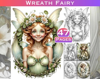 Wreath Fairy Adult Relaxation Greyscale Fairy Colouring Book. Floral Fairy Wreath Digital Download, Full Colour Files Included