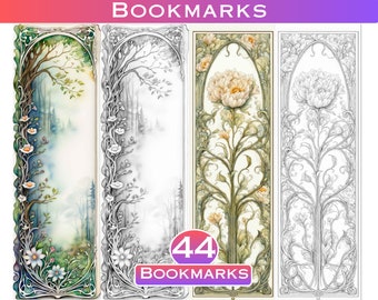 Art Nouveau Floral Bookmarks to Color: Grayscale Set of 44 (Digital Download)