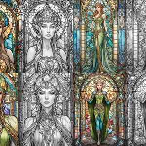 May include: A digital art collage of four stained glass window designs featuring an elf woman in a green and blue gown with a crown. The designs are in various stages of completion, from a fully colored version to a black and white outline.