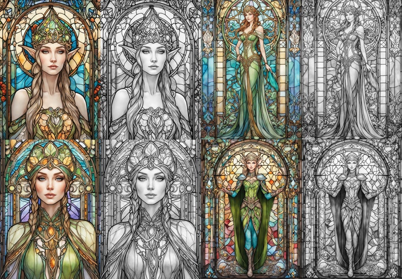 May include: A digital art collage of four stained glass window designs featuring an elf woman in a green and blue gown with a crown. The designs are in various stages of completion, from a fully colored version to a black and white outline.