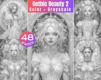 Gothic Beauties Coloring Book - 48 Pages Printable Adult Pages Commercial Use Digital Download