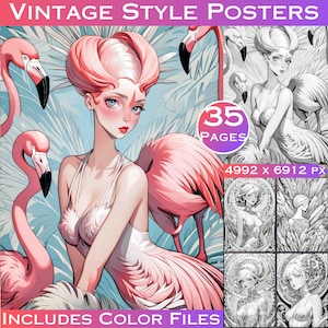 35 Vintage Styled Poster Graustufen Digitale Malseiten für Erwachsene Fantasy Coloring Pages. Graustufen Malbuch Printable Digital Download