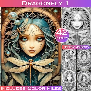 May include: A digital colouring book featuring a detailed illustration of a woman with blue hair and a dragonfly. The image is set against a background of intricate patterns and includes the text "Dragonfly 1", "42 Pages", "3575x 4950px", and "Includes Colour Files".