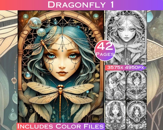 Dragonfly Fairy Grayscale Coloring Book: Art Nouveau Fantasy (Digital Download)
