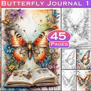 Butterfly Junk Journal Kit Grayscale Coloring Book for Adults, Insects Scrapbooking Coloring Book Ephemera with Color and Grayscale Files