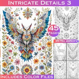 Intricate Details 3 Nature Grayscale Adult Colouring Book with Full Colour Digital Files Included, Commercial Use for Products Included
