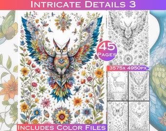 Intricate Details 3 Nature Grayscale Adult Colouring Book with Full Colour Digital Files Included, Commercial Use for Products Included