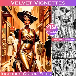 49 Velvet Vignette Grayscale Coloring Book for Vintage Aficionados. Adult Relaxation Colouring Book with Full Colour Files Included