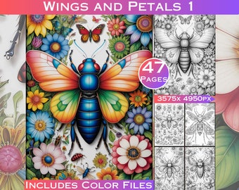 Wings and Petals Set 1 Details Nature Grayscale Adult Colouring Book with Full Colour Digital Files, Commercial Use for Products Included