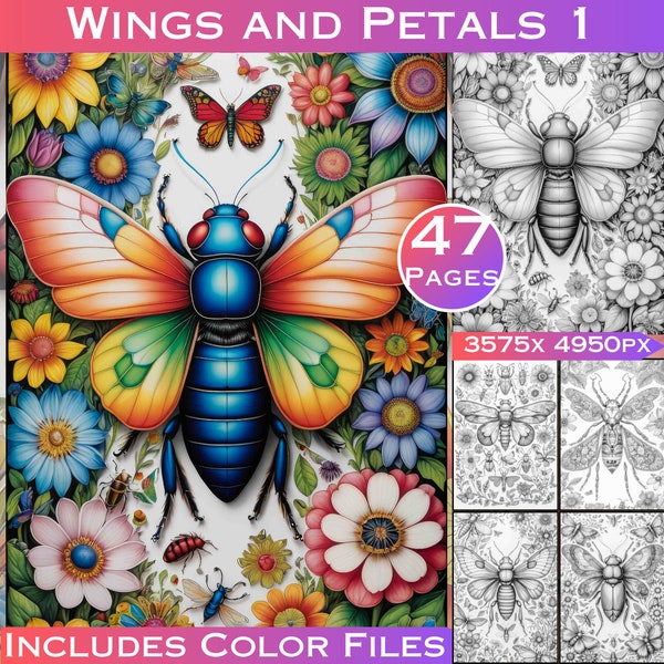 Wings and Petals Set 1 Details Nature Grayscale Adult Colouring Book with Full Colour Digital Files, Commercial Use for Products Included