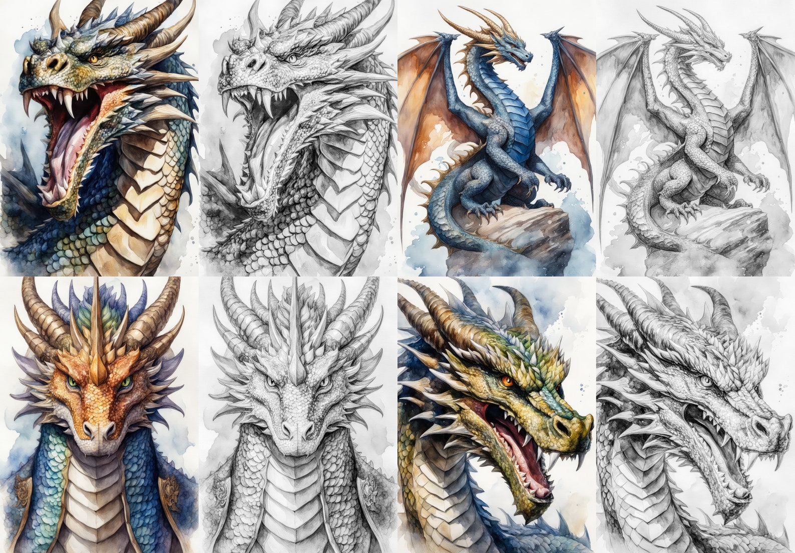 30 Majestic Dragons Coloring Pages: Grayscale Fantasy Art (commercial ...