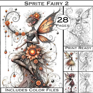 以下が含まれることがあります： 「Sprite Fairy 2」と題されたデジタルアートプリント。オレンジと黒の翼を持つ妖精の詳細なイラストで、花のアクセントで飾られています。画像には「28 PAGES」、「PRINT READY」、「INCLUDES COLOR FILES」というテキストが含まれています。