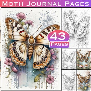 Mystical Butterfly Moth Grayscale Adult Coloring Junk Journal, Scrapbook Coloring Art Therapy by LargeDigitalPrints