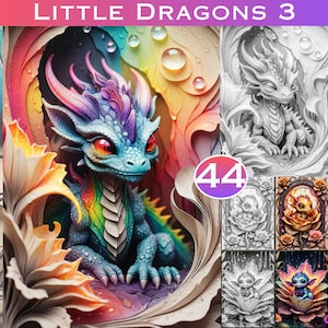 Könnte beinhalten: Eine farbenfrohe Illustration eines blauen Drachen mit Regenbogen-Schuppen, der in einer Blume sitzt. Der Drache hat große, rote Augen und einen freundlichen Ausdruck. Der Hintergrund ist ein Regenbogen mit weißen Wolken und Blasen. Das Bild ist mit "Little Dragons 3" betitelt und mit "44" nummeriert.