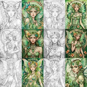 Op de afbeelding: Een digitale kleurplaat met 12 verschillende illustraties van fee&euml;n met vleugels en bloemmotieven. Elke fee is zowel in kleur als in zwart-wit afgebeeld, waardoor creatief kleuren mogelijk is.